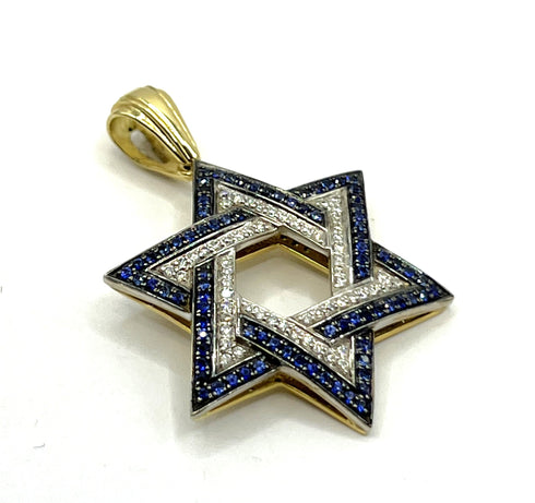 14K Gold & Diamond With Sapphire Star of David Necklace
